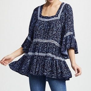 Free People Talk About It Tunic Blouse Blue Floral